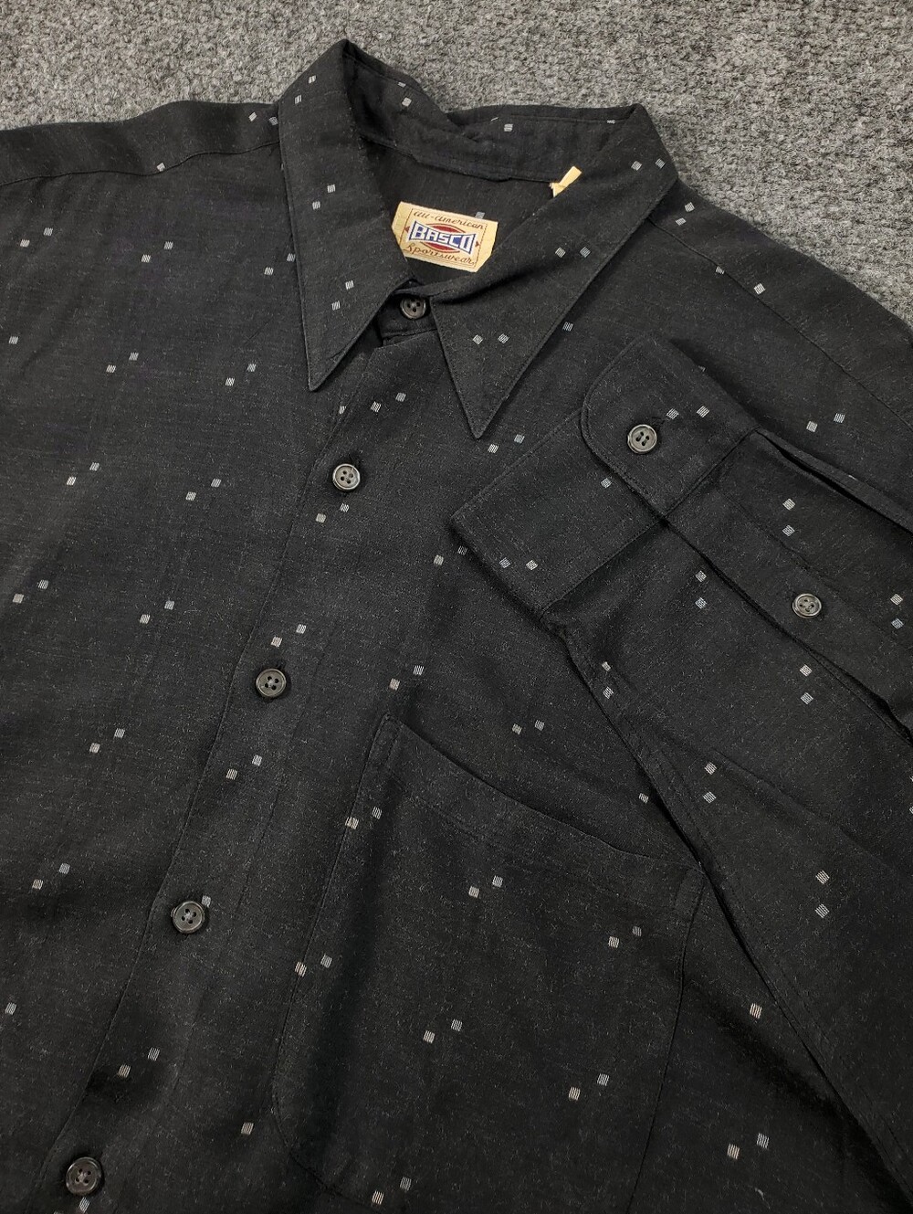 Vintage 70s Basco Shirt Mens Large Rayon Button Up Dagger Collar Black Geometric
